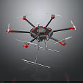 Multi Rotor Drone With Gray Body Red Propellers And Landing Gear On Dark Background
