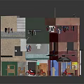 Cartoon Scene Featuring Colorful Multi Story Buildings With Hanging Clothes Motorcycle And Small Table