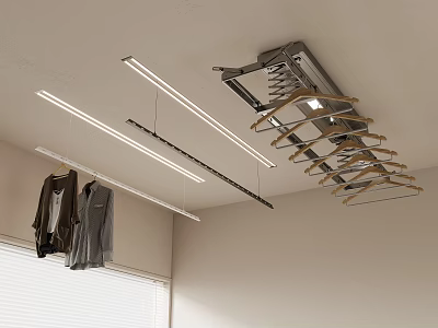 Smart Home Clothes Drying Rack With Ceiling Mounted Hanging Rods Wooden Hangers And LED Lights 3d model