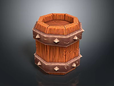 Rustic Decorative Textured Wooden Barrel With Hexagonal Top And Metal Spikes 3d model