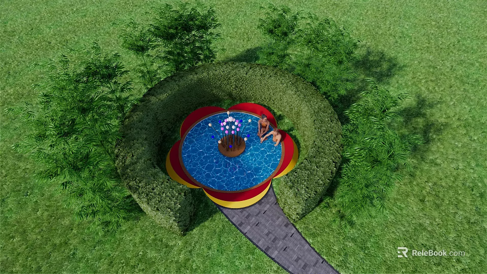 Decorative Garden Circular Pool With Blue Water Red Yellow Edges Green Hedges And Stone Path 3d model 