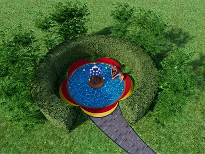 Decorative Garden Circular Pool With Blue Water Red Yellow Edges Green Hedges And Stone Path 3d model