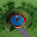 Decorative Garden Circular Pool With Blue Water Red Yellow Edges Green Hedges And Stone Path