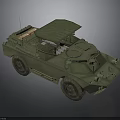 Green Armored Military Vehicle With Open Top Antenna And Large Wheels