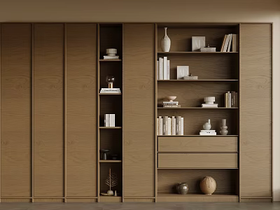 Modern Wooden Bookcase Design With Shelves Drawer Books And Decorative Items 3d model