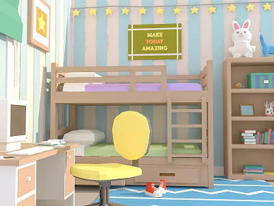 Cartoon Kids Room Scene With Bunk Bed Blue Striped Walls Star Garlands And Rabbit Plush 3d model