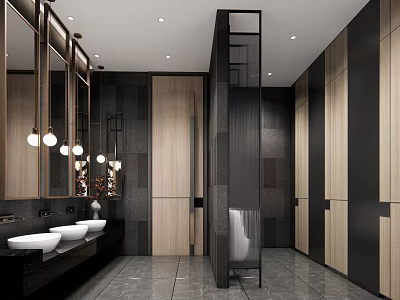 Modern Hotel Bathroom Interior With Double Vanity Sink Large Mirror And Glass Shower Enclosure 3d model