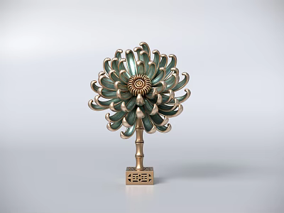 Artistic Flower Shaped Sculpture Carving With Green Gold Petals And Square Base 3d model