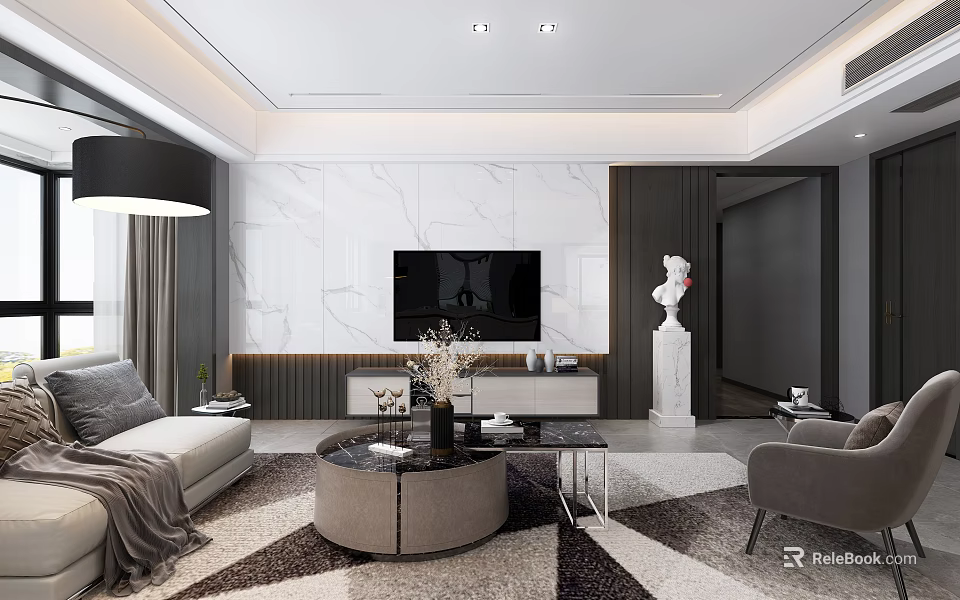 Modern Living Room Interior Design With Marble Wall TV Round Coffee Table And Sofa 3d model 