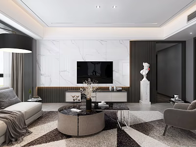 Modern Living Room Interior Design With Marble Wall TV Round Coffee Table And Sofa 3d model