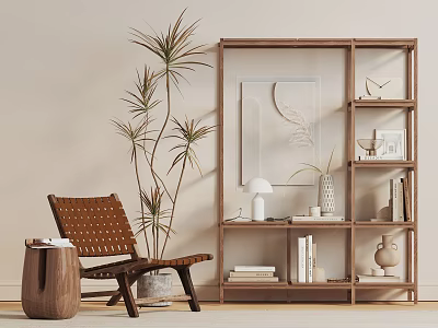 Wooden Storage Shelf With Rattan Chair Books Vases And Potted Plant In Modern Room 3d model