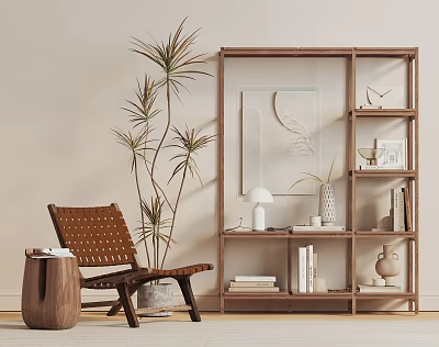 Wooden Storage Shelf With Rattan Chair Books Vases And Potted Plant In Modern Room 3d model