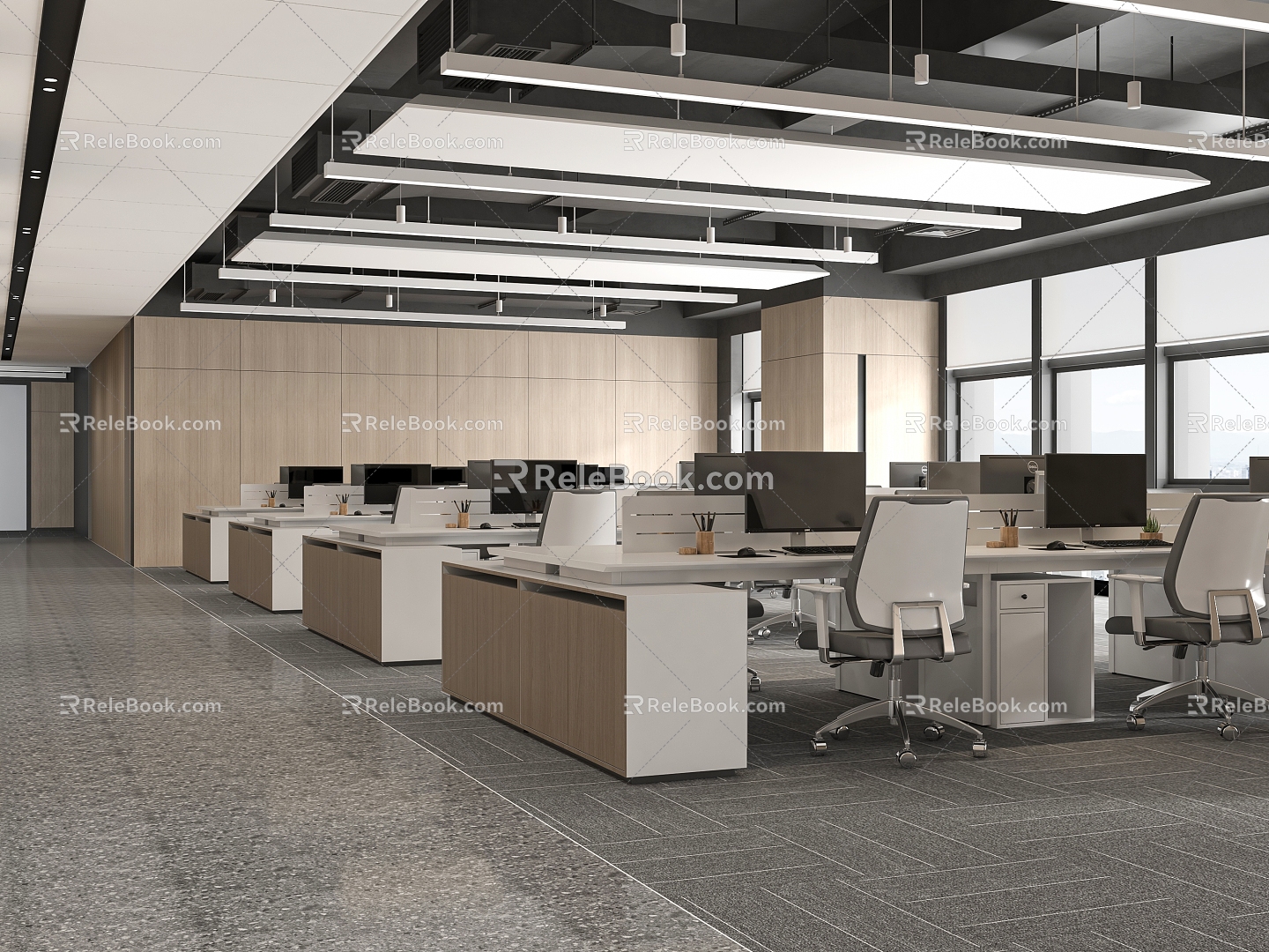 Office desks and chairs in public office area 3d model