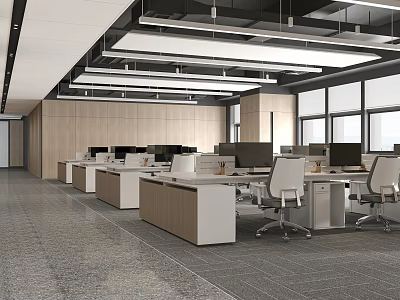 Modern Public Office Area With Spacious Workstations Office Chairs Computers And Large Windows 3d model