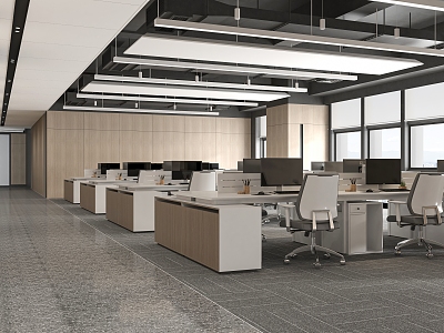 Office desks and chairs in public office area 3d model