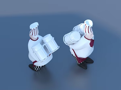 Chef Sculptures Wearing Tall Chef Hats Holding Buckets White Uniforms Red Bow Ties 3d model