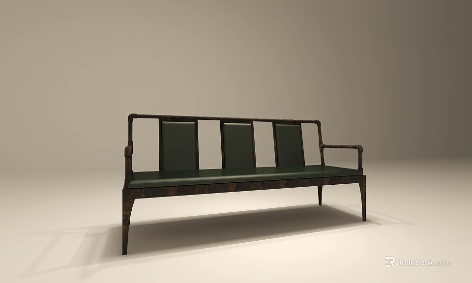 Elegant Three Seater Sofa With Wooden Frame And Green Cushions 3d model 