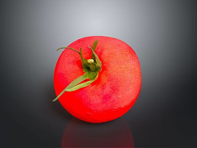 Fresh Red Tomato with Green Stem and Leaves on Dark Reflective Surface 3d model