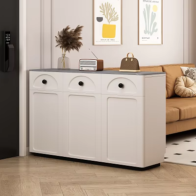 Modern White Three Door Console Cabinet With Pampas Grass Vintage Radio Handbag On Living Entry 3d model