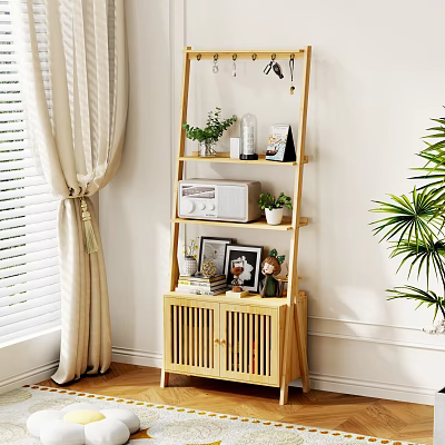 Light Wooden Shelf with Potted Plants Radio Photo Frames and Books in Cozy Interior 3d model