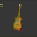 Shiny Wooden Acoustic Guitar On Stand With Art Supplies And Painting Tools