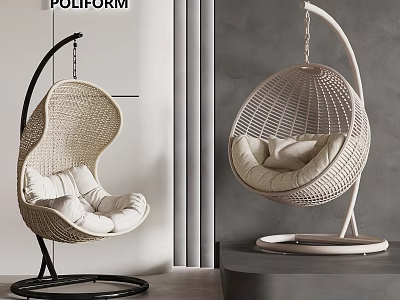 Stylish Rattan Hanging Chair With Soft Cushion And Modern Metal Stand Design For Living Room 3d model