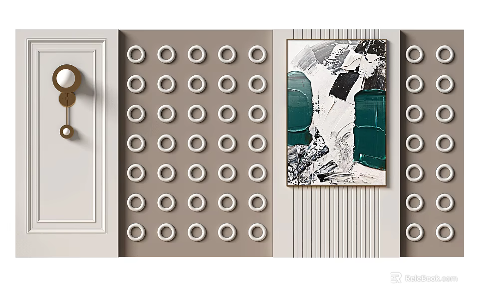 Modern Background Wall Design With Circular Decorations And Framed Artwork 3d model