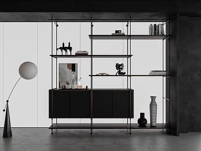 Modern Metal Frame Bookcase With Black Cabinets Books And Decorative Items 3d model