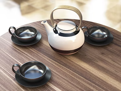 Modern Tea Set With White Teapot Black Teacups And Saucers On Wooden Table 3d model