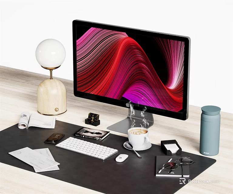 Sleek Computer Monitor With Colorful Wave Screen On Desk With Keyboard Mouse Coffee Cup Lamp 3d model 