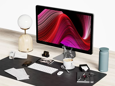 Sleek Computer Monitor With Colorful Wave Screen On Desk With Keyboard Mouse Coffee Cup Lamp 3d model