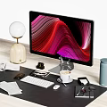 Sleek Computer Monitor With Colorful Wave Screen On Desk With Keyboard Mouse Coffee Cup Lamp