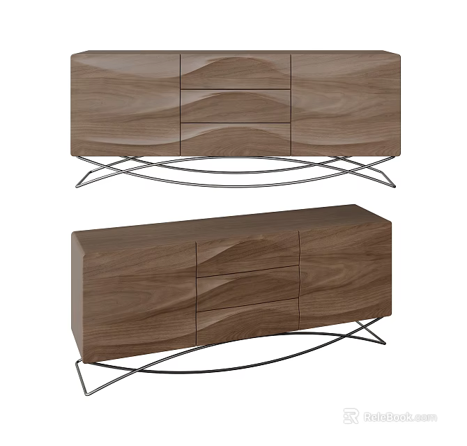 Modern Wooden Console Side Cabinet With Drawers Doors And Metal Base 3d model 