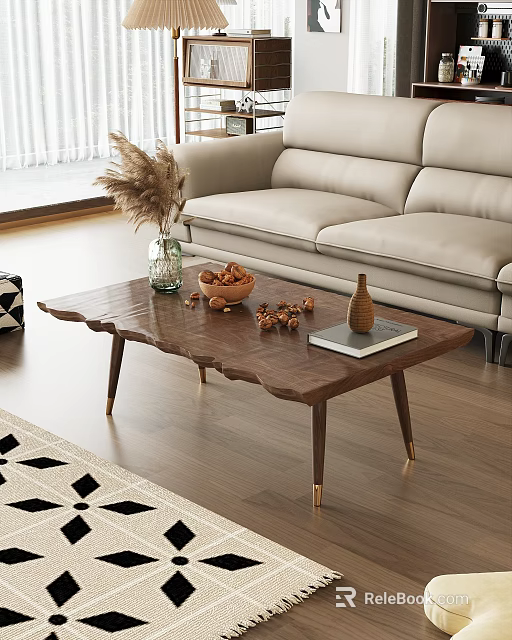 Beige Two Seater Sofa With Wooden Coffee Table And Decorative Items On Wooden Floor 3d model 