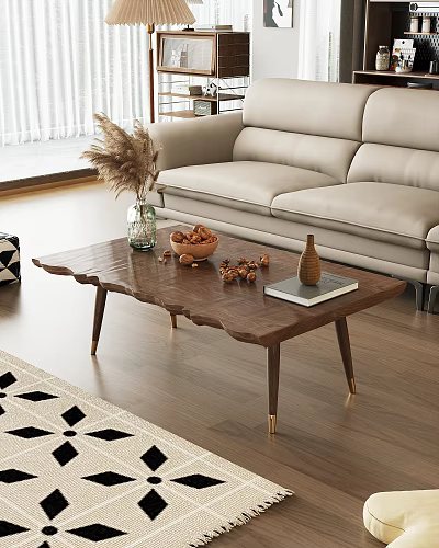 Beige Two Seater Sofa With Wooden Coffee Table And Decorative Items On Wooden Floor 3d model
