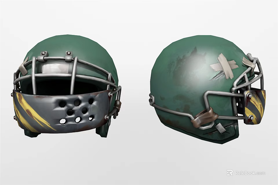 Green Football Helmet With Vintage Design Metal Facemask Yellow Stripe And White Decal 3d model 