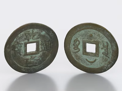 Ancient Copper Round Decorative Ornament Set With Square Hole And Carved Symbols 3d model