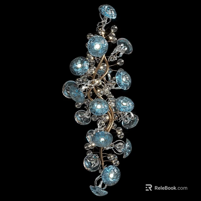 Ornate Crystal Chandelier Featuring Blue Glass Beads And Intricate Branch Design 3d model 