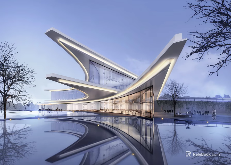 Modern Sales Office Building Architectural Design With Curved Glass Facade And Water Reflection 3d model 