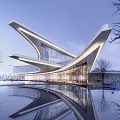 Modern Sales Office Building Architectural Design With Curved Glass Facade And Water Reflection