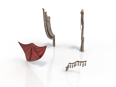 Essential Living Supplies With Red Fabric Curtain Hooks And Wooden Shelf Decor 3d model
