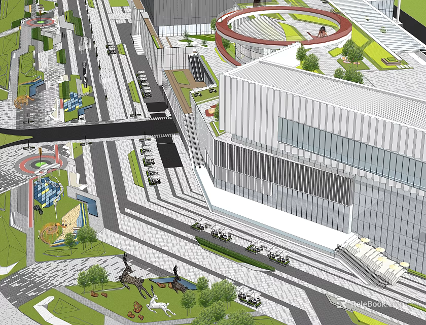 Modern Commercial Landscape Design Featuring Buildings Roads Green Spaces And Transportation 3d model 
