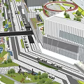 Modern Commercial Landscape Design Featuring Buildings Roads Green Spaces And Transportation