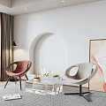 Pink Beige Armchairs With Glass Coffee Table In Living Room With Arched Wall Abstract Painting