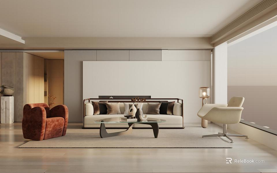 Modern Living and Dining Room Interior With Sofa Coffee Table And Accent Chairs 3d model 