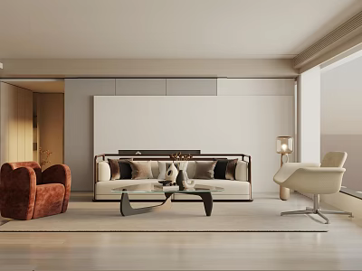 Modern Living and Dining Room Interior With Sofa Coffee Table And Accent Chairs 3d model