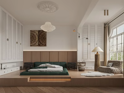 Modern Bedroom With Wooden Flooring White Wardrobes Green Bed Round Chandelier And Single Sofa 3d model