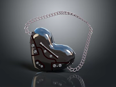 Heart Shaped Metallic Glossy Bag With Silver Chain Strap And Decorative Studs 3d model