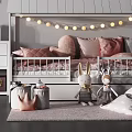 Adorable Children Bed Featuring House Shaped Headboard Star Decals String Lights And Pink Bedding