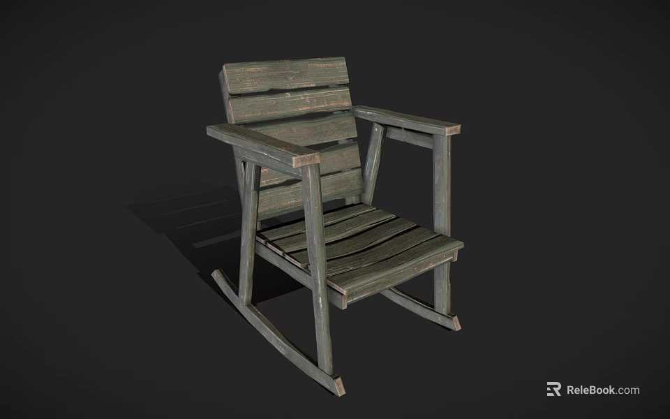 Vintage Wooden Rocking Chair with Armrests and Rustic Grayish Green Finish 3d model 